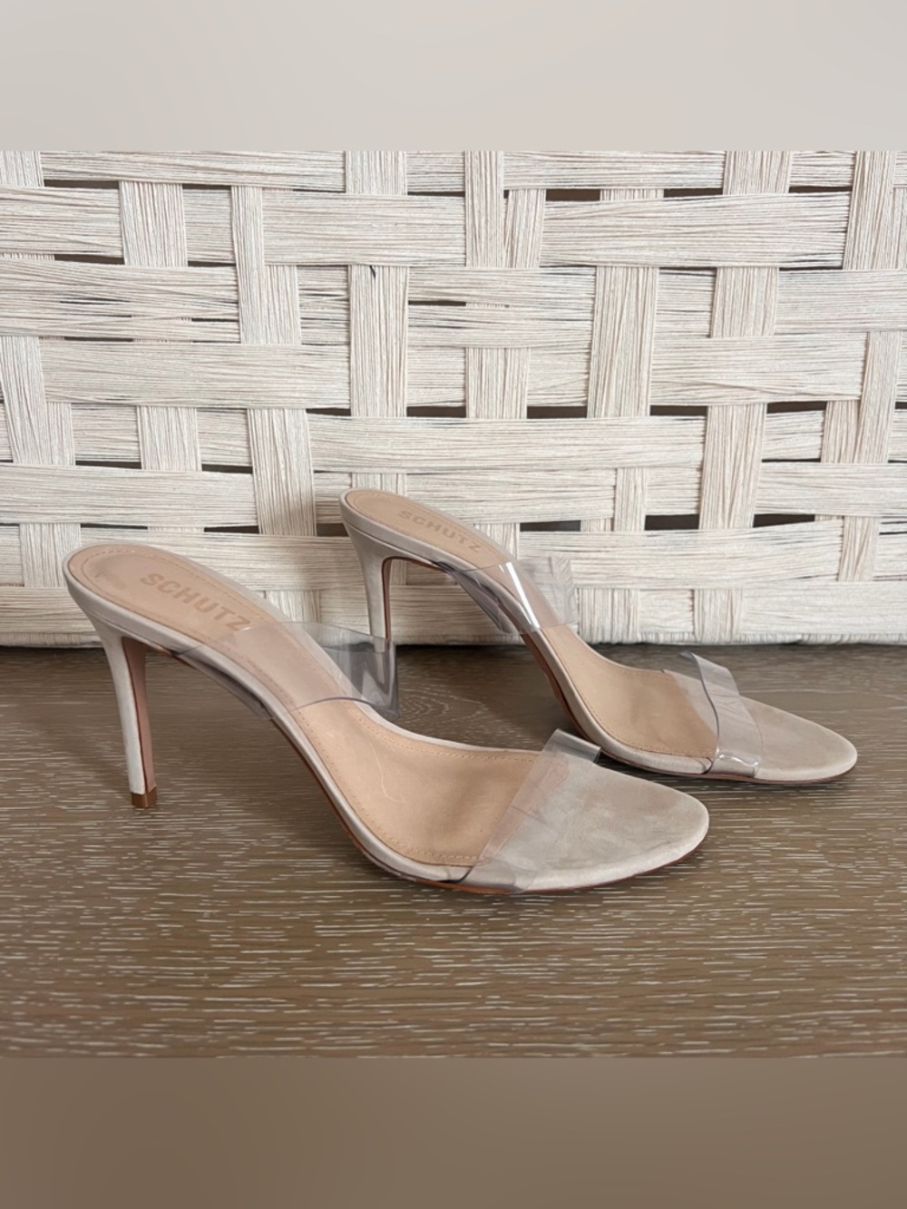 SCHUTZ Ariella Nude Clear-Strap Suede Stiletto Mules